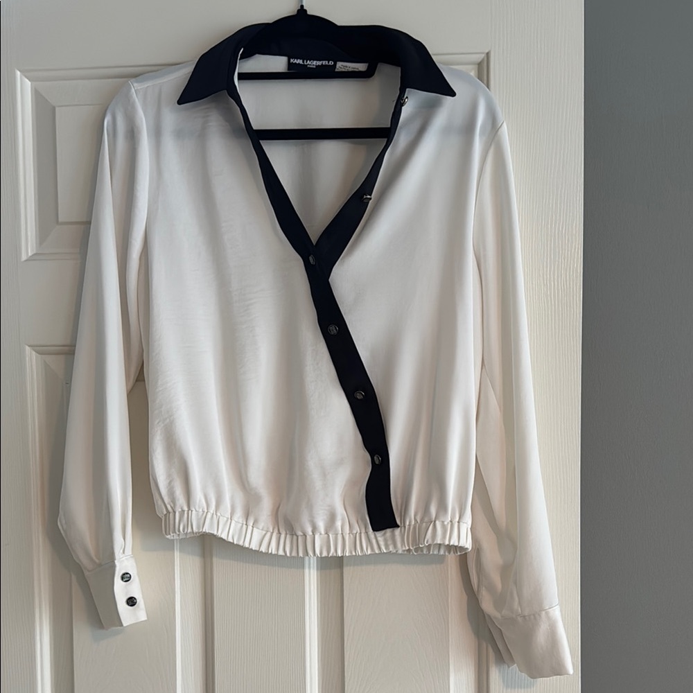 Karl Lagerfeld Black and White Button Down 3/4 Sleeve Top